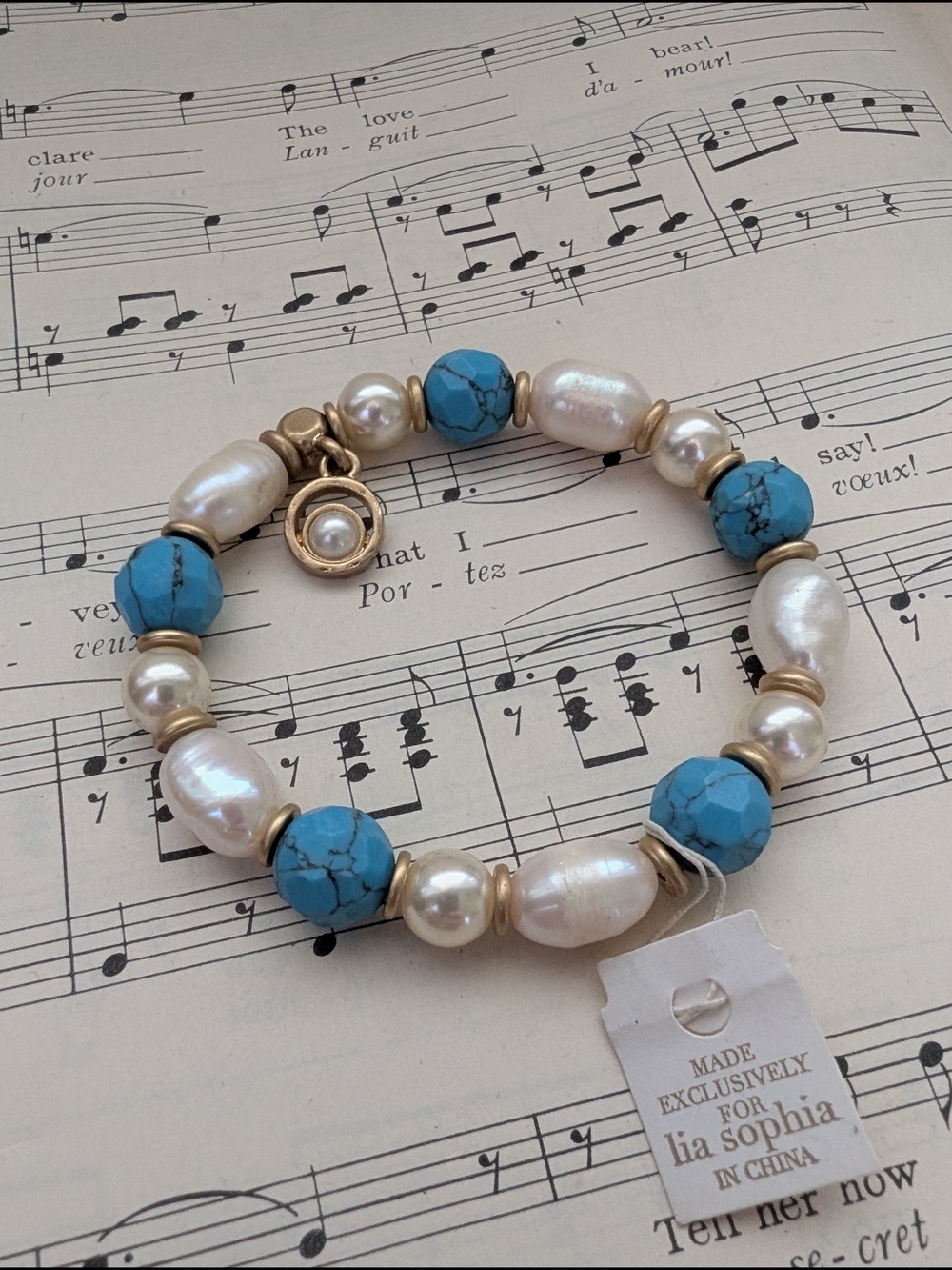 lia sophia Blue Turquoise & Pearl Stretch Bracelet